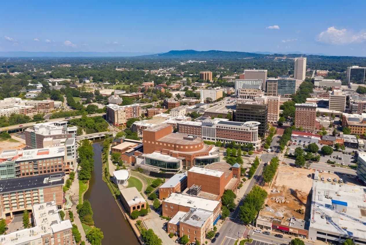 Aerial view of downtown in Upstate South Carolina
